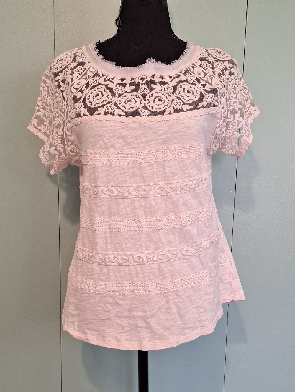 Meadow Rue Anthropologie Pink Lace Short Sleeve Blouse Size Medium